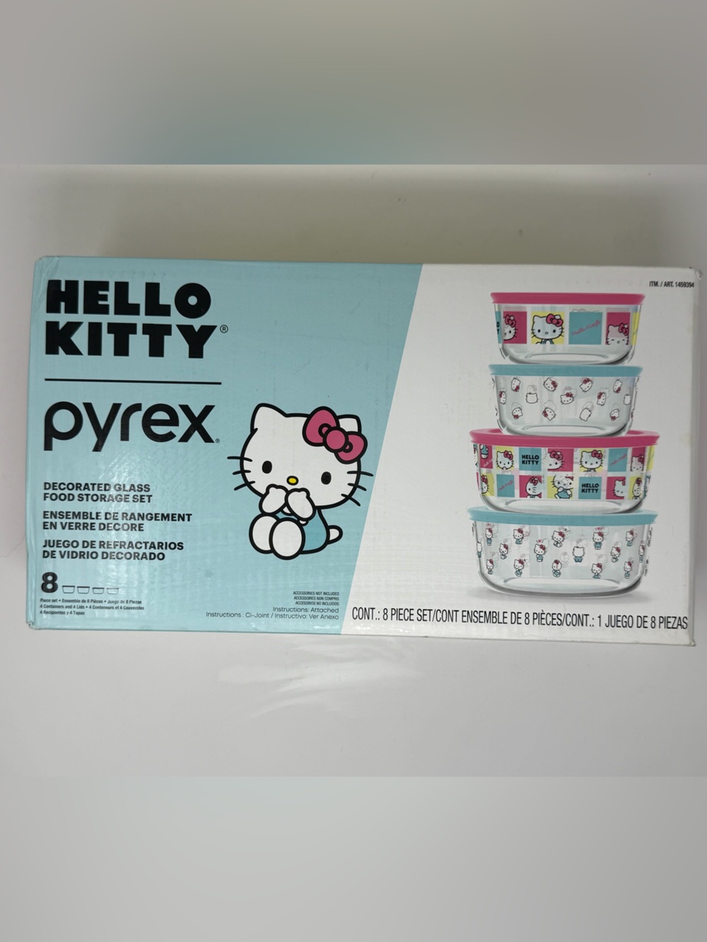 Pyrex Hello Kitty 8pc Decorated Glass Food Storage Set Snap Lids Microwave Safe